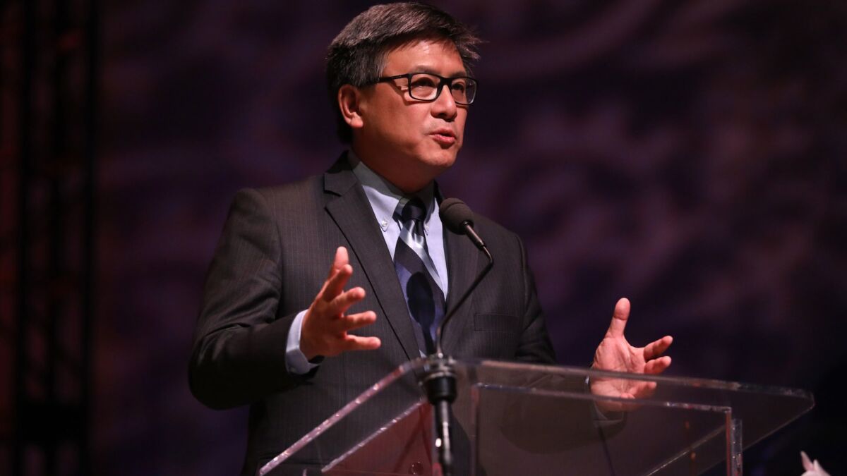 California gubernatorial candidate John Chiang speaks to the congregation at Agape International Spiritual Center in Culver City on May 30.