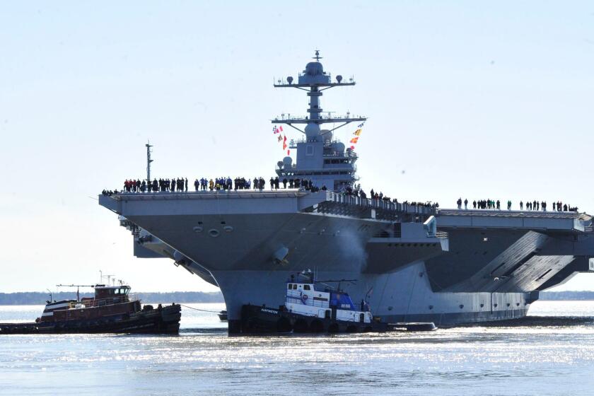 NEWPORT NEWS, VA - APRIL 8: In this handout photo provided by the U.S. Navy, the aircraft carrier Pre-Commissioning Unit (PCU) Gerald R. Ford (CVN 78) departs Huntington Ingalls Industries Newport News Shipbuilding for builder's sea trials off the U.S. East Coast on April 8, 2017 in Newport News, Virginia. The first-of-class ship, the first new U.S. aircraft carrier design in 40 years, will spend several days conducting builder's sea trials, a comprehensive test of many of the ship's key systems and technologies. (Photo by Chief Mass Communication Specialist Christopher Delano/U.S. Navy via Getty Images) ** OUTS - ELSENT, FPG, CM - OUTS * NM, PH, VA if sourced by CT, LA or MoD **