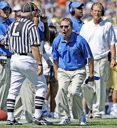UCLA special teams coach Frank Gansz Jr. is none too happy with an official after the Bruins fumbled on a punt return Saturday against Brigham Young, which Gansz thought should have been penalized on the play.