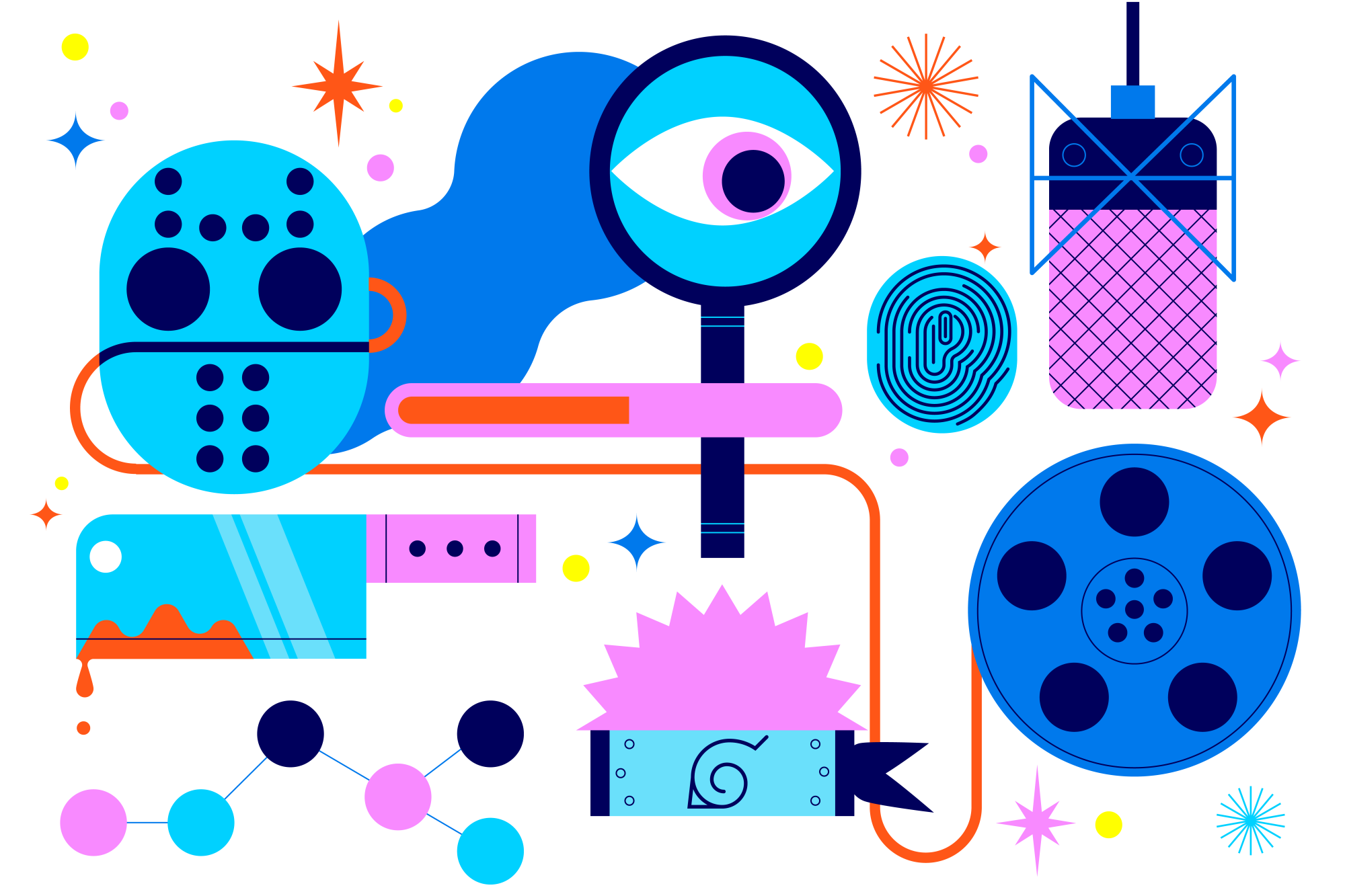 Illustration showing horror mask, bloodied knife, film reel, microphone, magnifying glass and fingerprint, anime headband