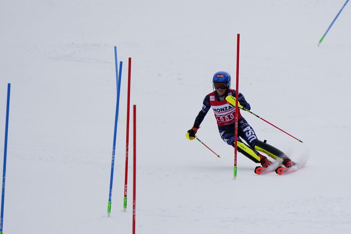 American skier Mikaela Shiffrin weaves through the slalom course on Saturday.