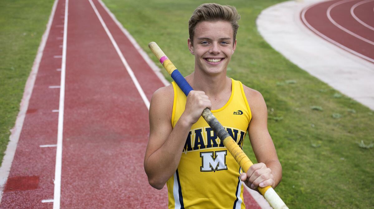 Marina High pole vaulter Michael Magula is the Daily Pilot High School Male Athlete of the Week. He qualified for the state meet with a clearance of 16-feet during the Masters Meet last Friday.