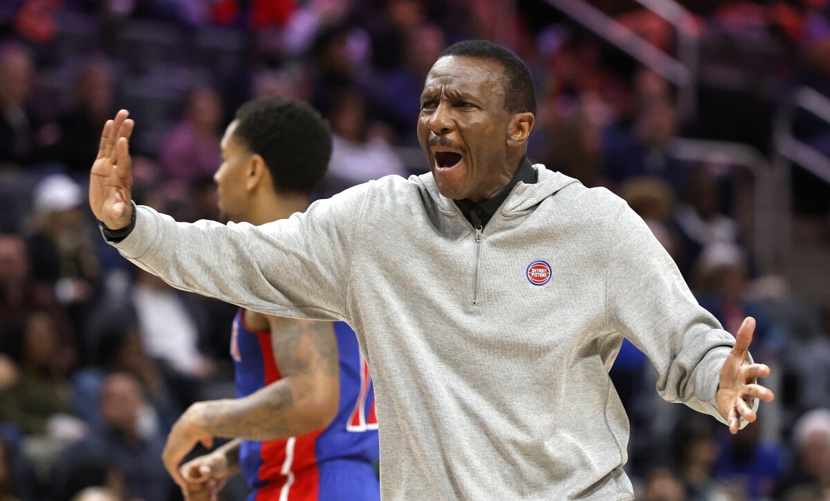 Detroit Pistons coach Dwane Casey argues with an official during the second half of the team's NBA basketball game against the Miami Heat on Sunday, March 19, 2023, in Detroit. (AP Photo/Duane Burleson)