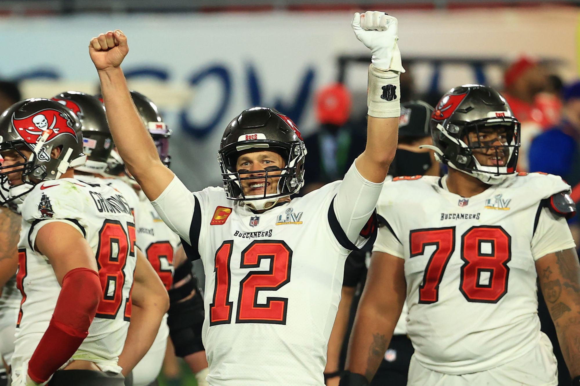 Tom Brady celebrates during the Tampa Bay Buccaneers' win over the Kansas City Chiefs in Super Bowl LV.