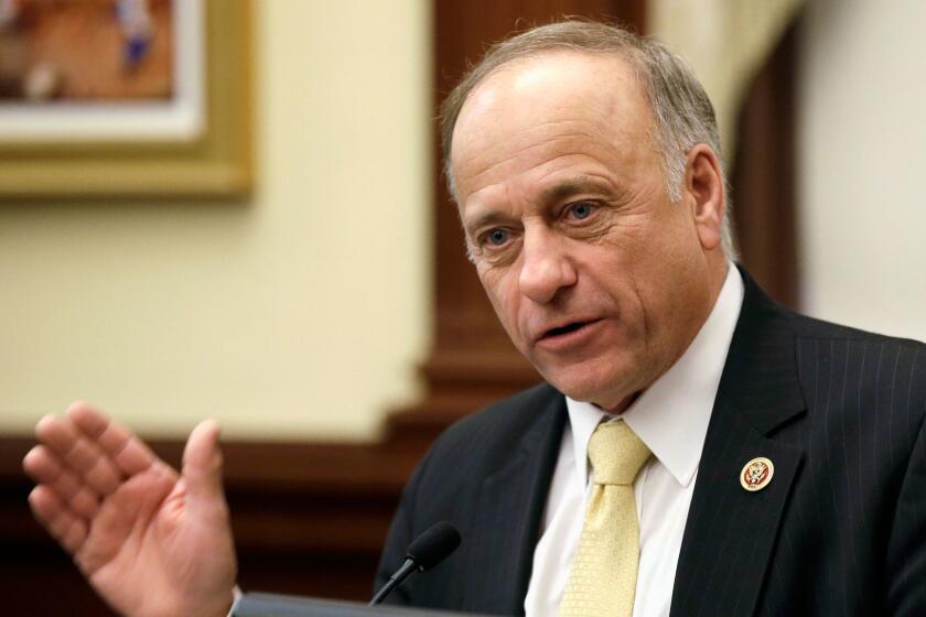 Republican U.S. Rep. Steve King of Iowa speaks in Des Moines on Jan. 23, 2014. In a March 12, tweet, King paid tribute to Geert Wilders, a veteran member of the Dutch Parliament who founded the Party of Freedom.