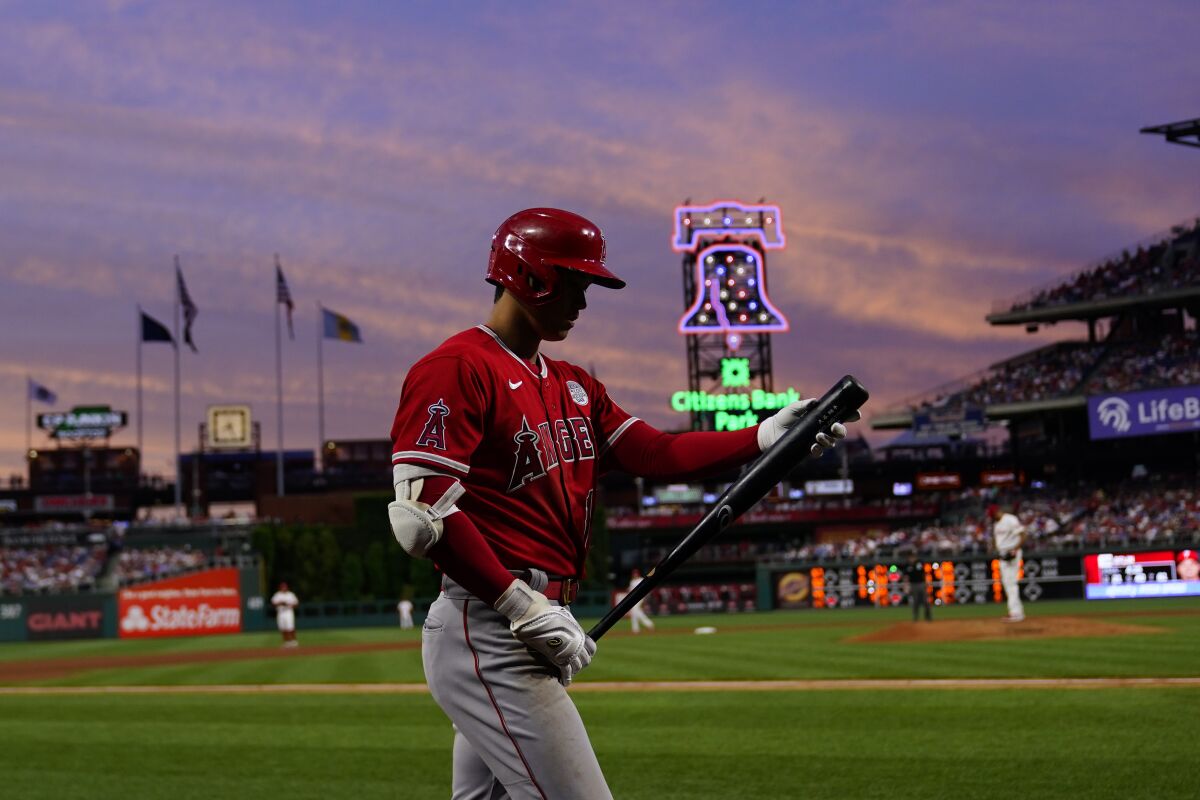 Shohei Ohtani walks to the on-deck circle during the fifth inning Friday.