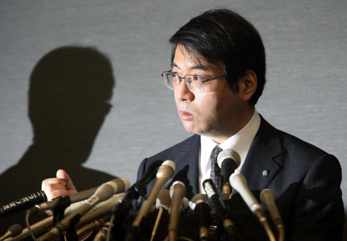 Japanese scientist Yoshiki Sasai speaks at a news conference about STAP stem cells in April at the RIKEN Center for Developmental Biology in Kobe. Sasai was found hanging at the center on Tuesday.