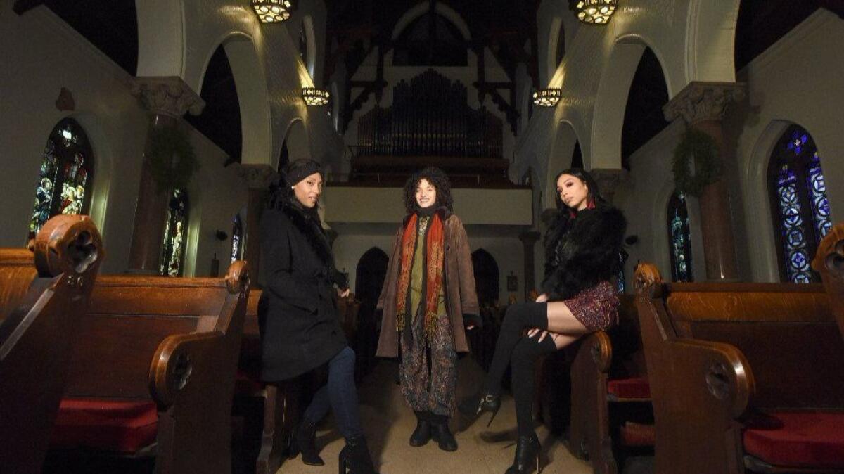 Trans actors, from left, Mj Rodriguez, Indya Moore and Alexia Garcia at St. Peter's Episcopal Church in the Bronx, where their film, "Saturday Church" was shot.