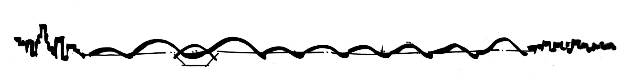 A narrow, horizontal drawing showing an undulating line extending across a flat landscape.