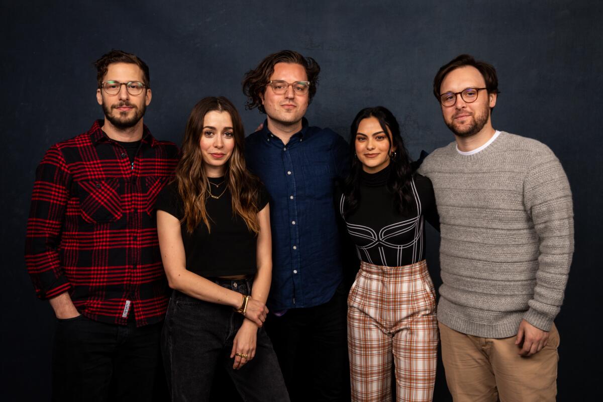 Andy Samberg and Cristin Milioti, screenwriter Andy Siara, Camila Mendes and director Max Barbakow of “Palm Springs,” 