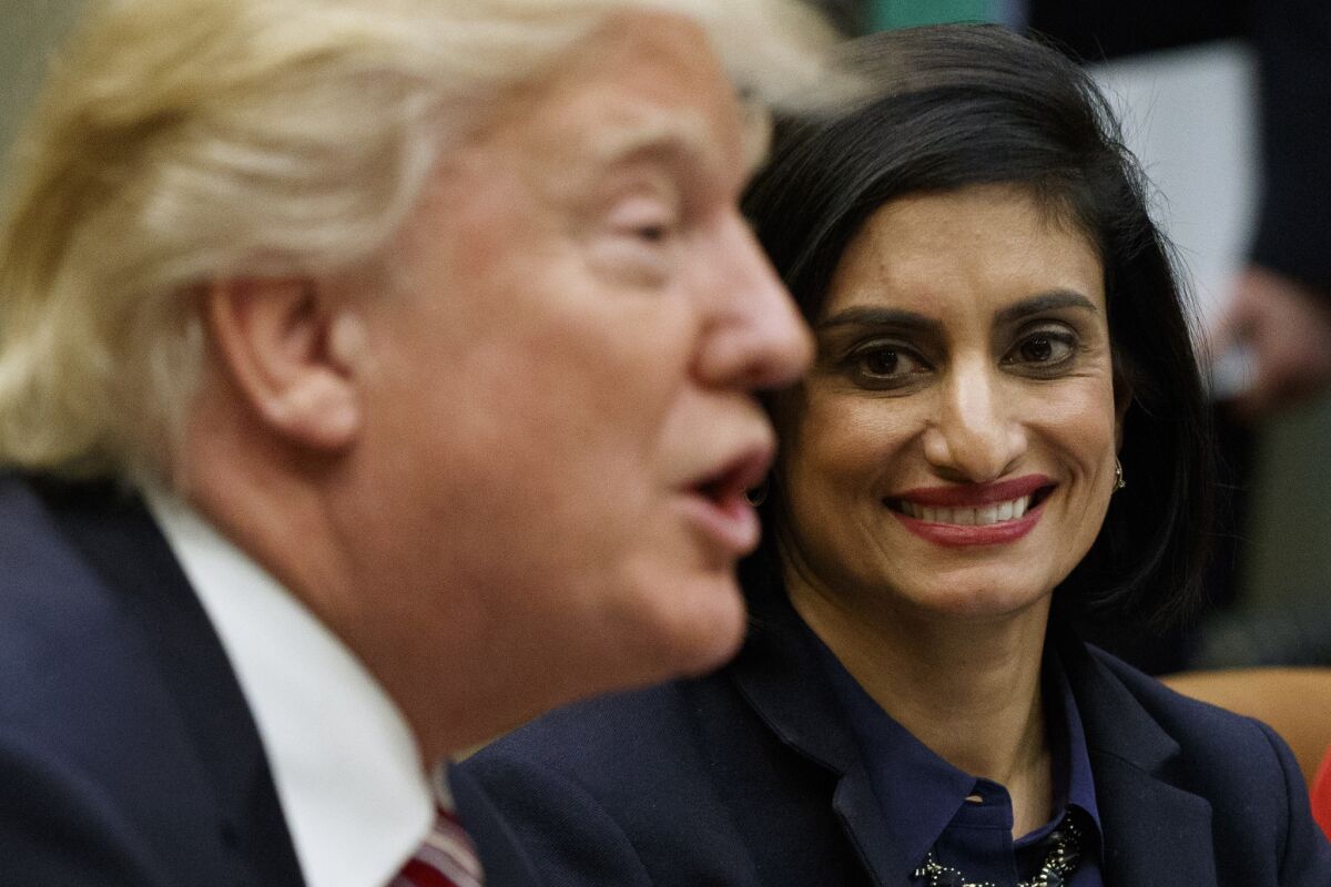 President Trump and Seema Verma, head of Centers for Medicare and Medicaid Services, at a White House meeting in 2017.