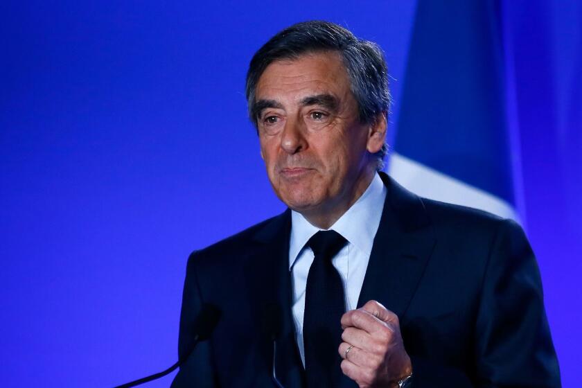 Conservative presidential candidate Francois Fillon delivers speaks at his campaign headquarters in Paris on Wednesday.