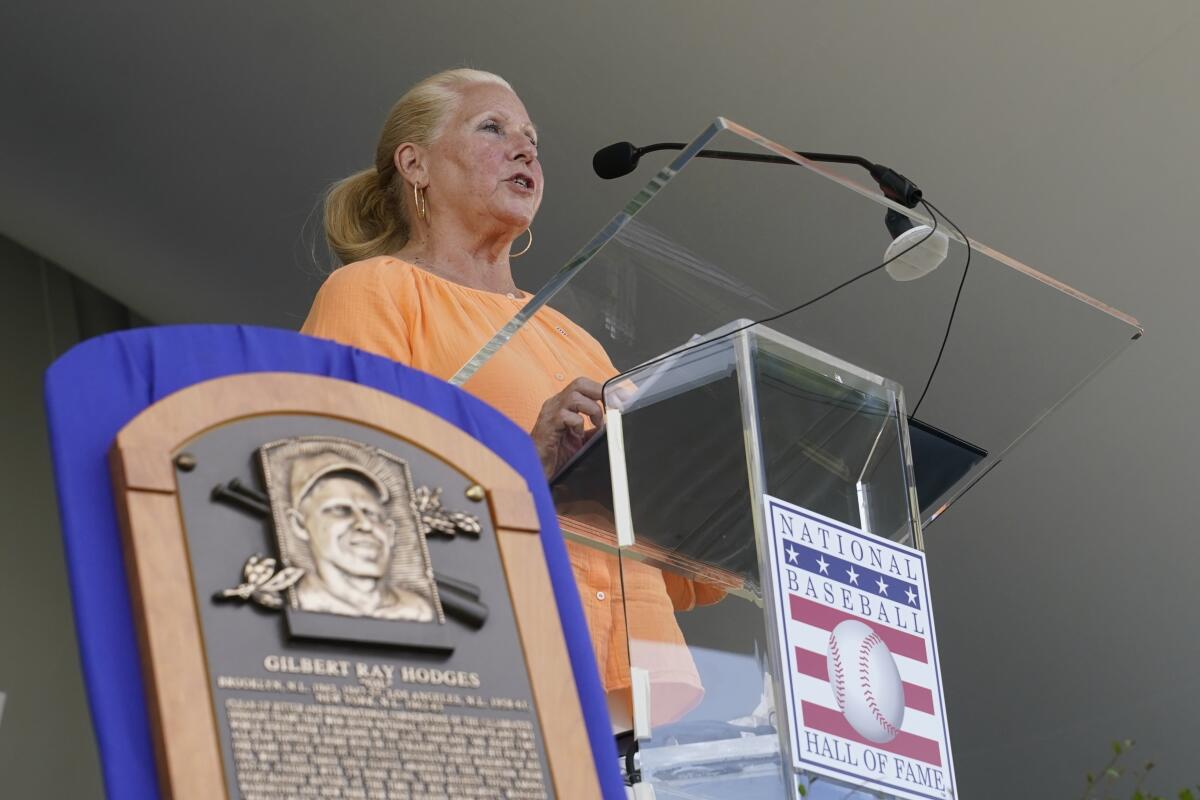 Irene Hodges, daughter of Hall of Fame inductee Gil Hodges, speaks during the Baseball Hall of Fame induction.