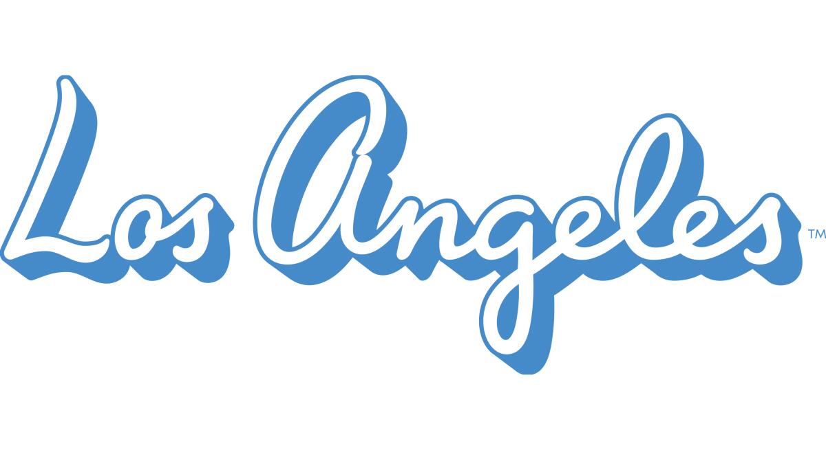 The old tourism logo for Los Angeles shows white sans serif script surrounded by blue