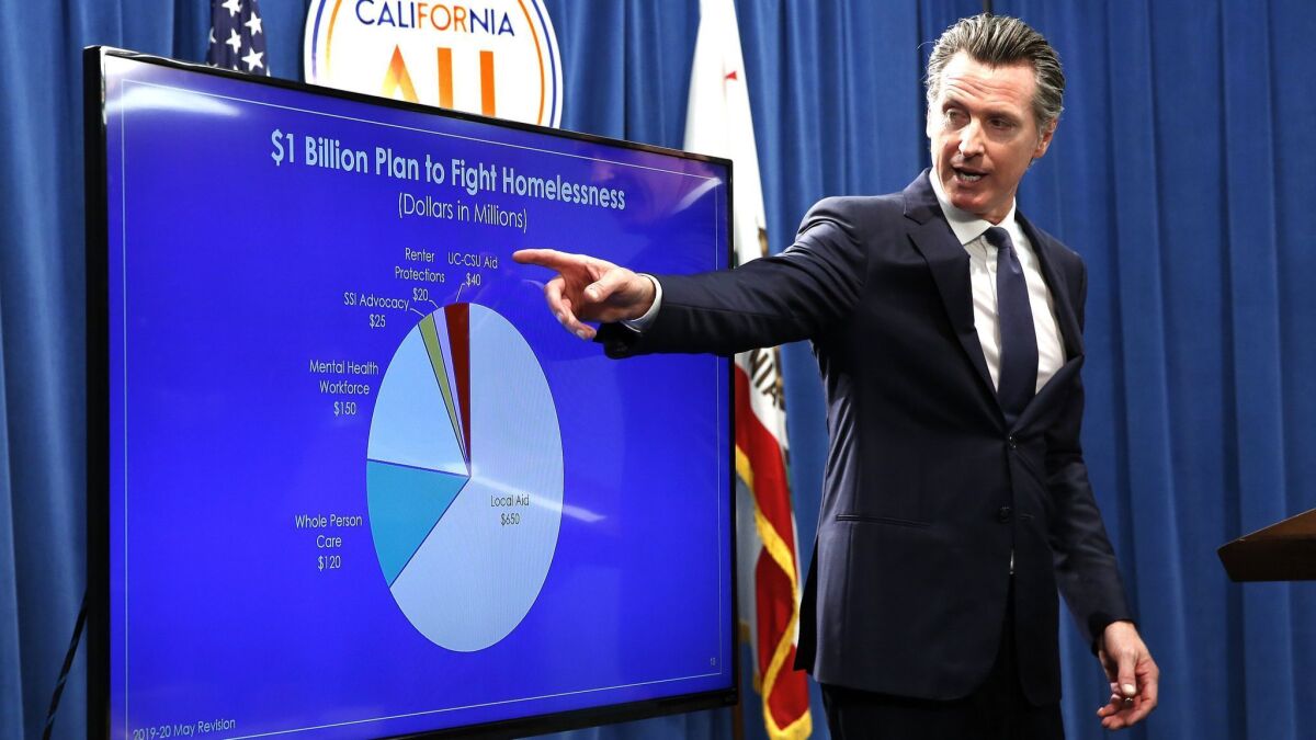 Gov. Gavin Newsom gestures towards a chart with proposed funding for homelessness. In his State of the State address, he vowed to "establish a unified homelessness data system to capture accurate, local information."
