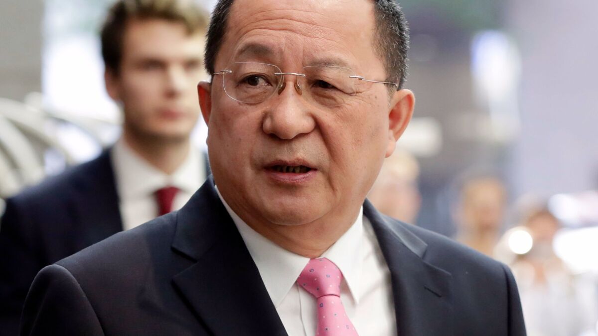 North Korean Foreign Minister Ri Yong Ho speaks outside the U.N. Plaza Hotel in New York on Sept. 25, 2017.
