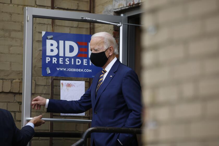 Democratic presidential candidate, former Vice President Joe Biden arrives at Carlette's Hideaway, a soul food restaurant, to speak with small business owners, Wednesday, June 17, 2020, in Yeadon, Pa. (AP Photo/Matt Slocum)