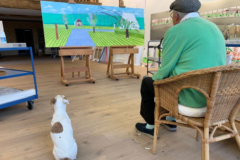 David Hockney and Ruby in the Normandy studio, May 25, 2020.