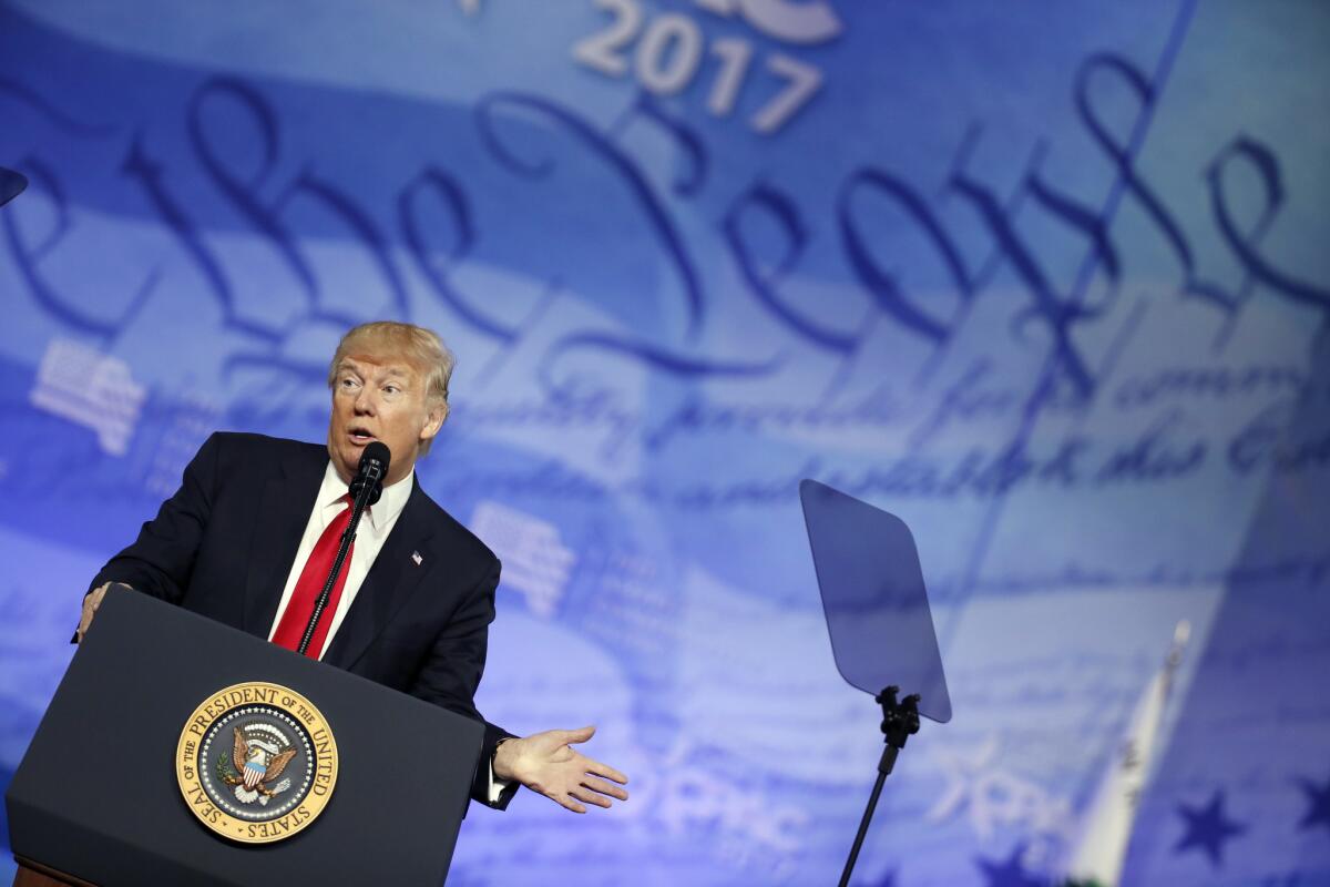 President Donald Trump speaks at the Conservative Political Action Conference, Friday, Feb. 24, 2017, in Oxon Hill, Md.