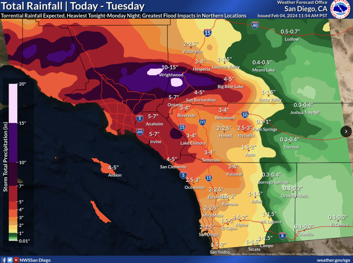 Rainfall forecasts for Orange County, the Inland Empire and San Diego County