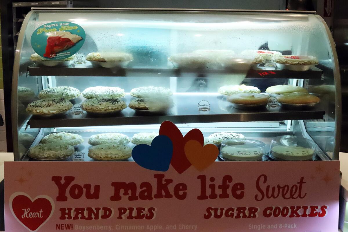 Pies in a display case at the newly renovated Polly's Pies Restaurant & Bakery.