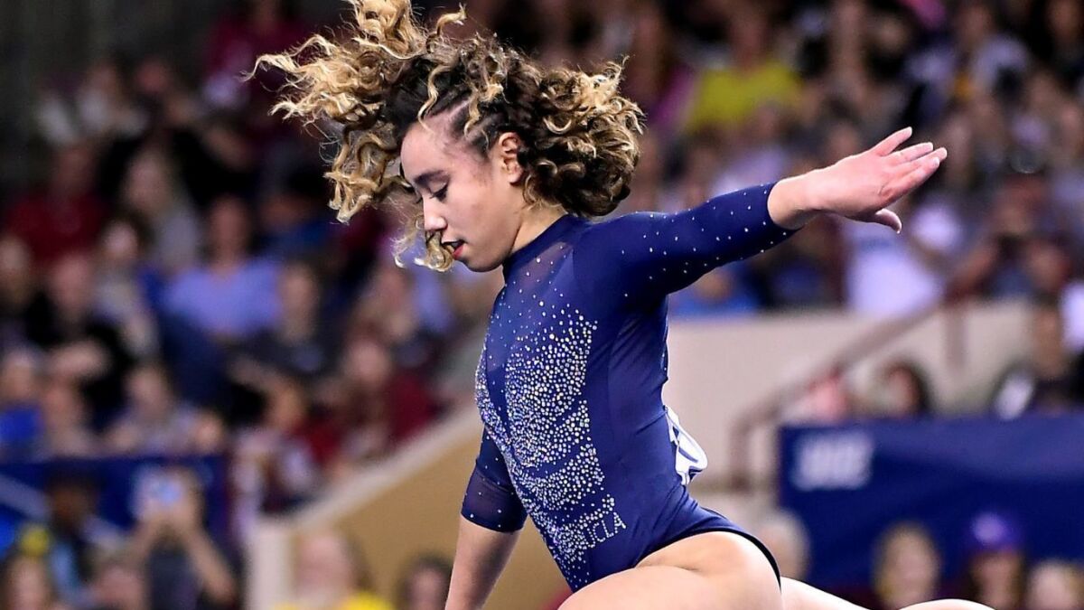 UCLA's Katelyn Ohashi competes on the floor exercise for the last time of her collegiate career during the NCAA championships on April 20.