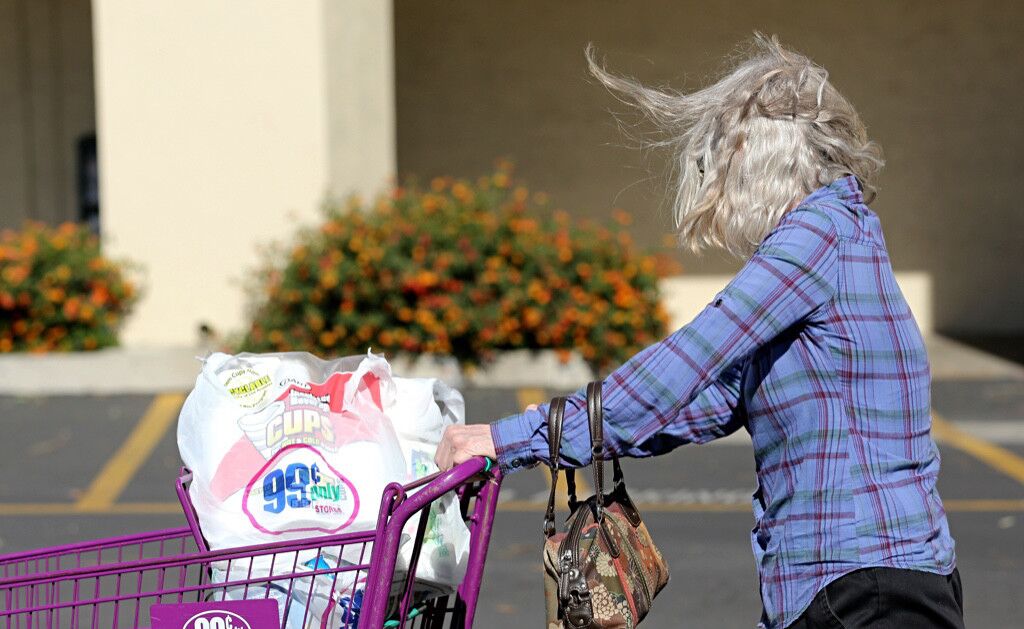 On a warm, windy afternoon a woman heads to her car after shopping at the 99 Cents store in Simi Valley.