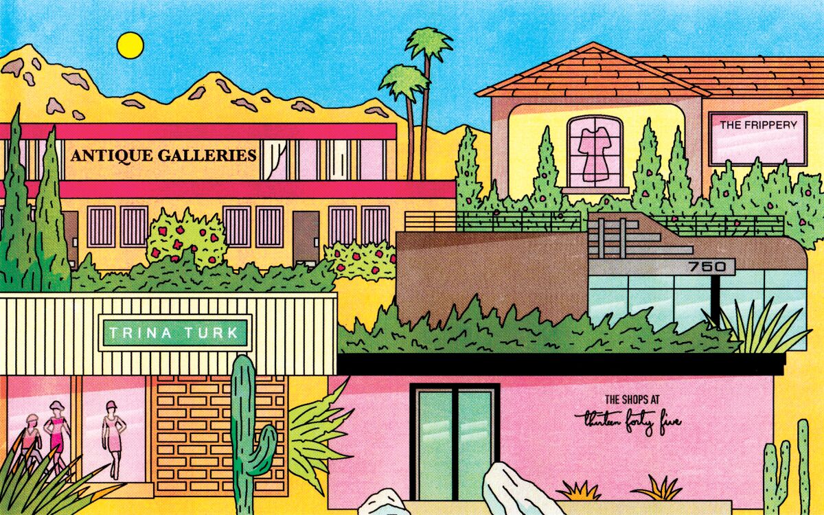 Illustration of exterior of multilevel shops in Palm Springs with desert flora like palm trees, cacti and bushes