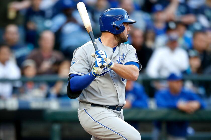 Royals third baseman Mike Moustakas singles against the Mariners during a game April 30 in Seatle.