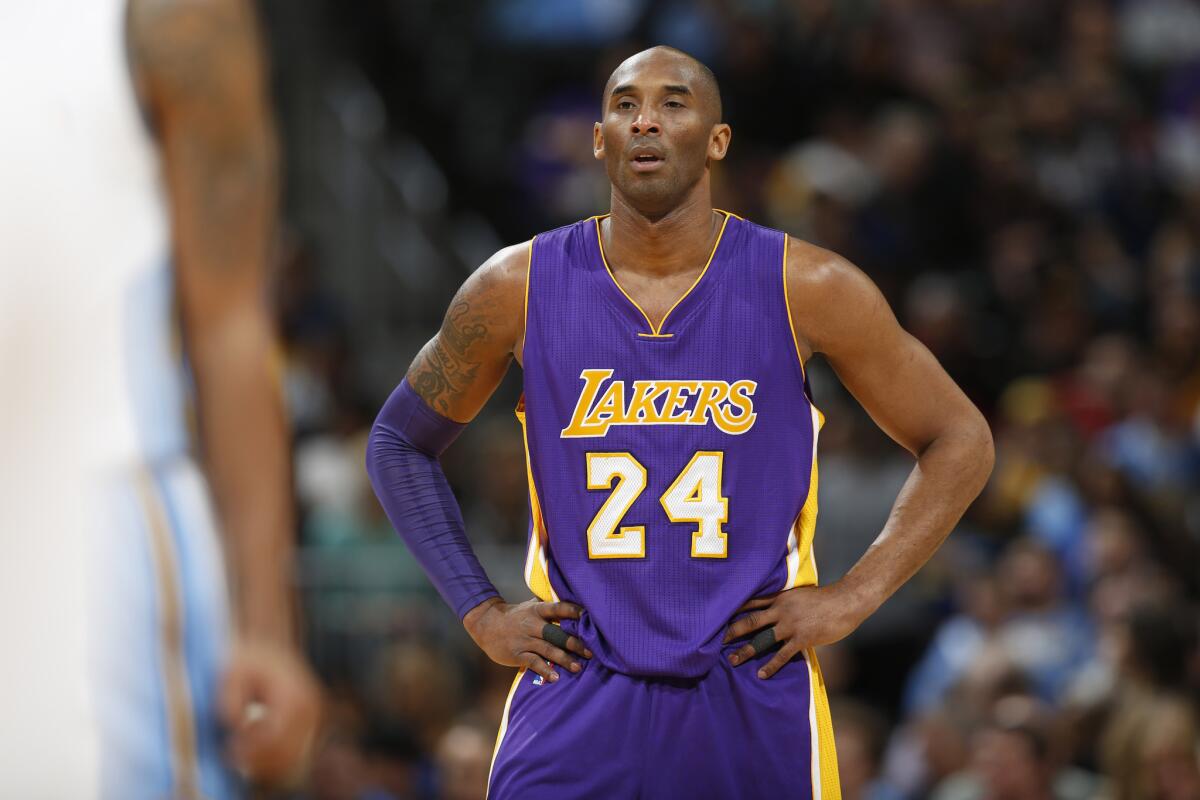 Kobe Bryant looks on during the first half of a game against the Denver Nuggets on March 2.