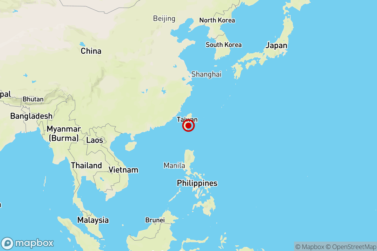 A map marking the epicenter of the earthquake near Yujing, Taiwan.