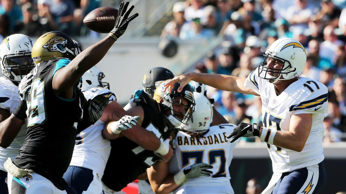 Chargers quarterback Philip Rivers threads a pass through the Jaguars pass rushers during a victory in Jacksonville on Sunday.