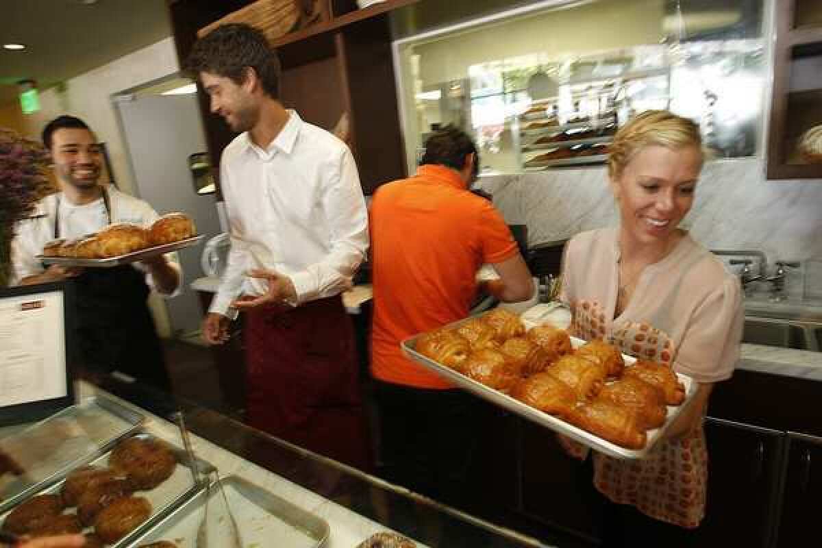 The croissants and other pastries at Maison Giraud are as good, if not better, than what you'd get in France itself. Pastry chef Noubar Yessayan, left, assisted here by Nick Malinowski, Florent Baudouin and Breanne Fuller, has adoring fans in the Palisades.