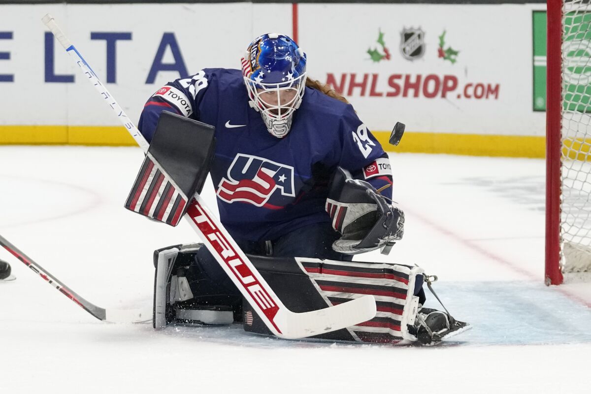 U.S. goaltender Nicole Hensley stops a shot against Canada in the first period at Crypto.com Arena on Monday.