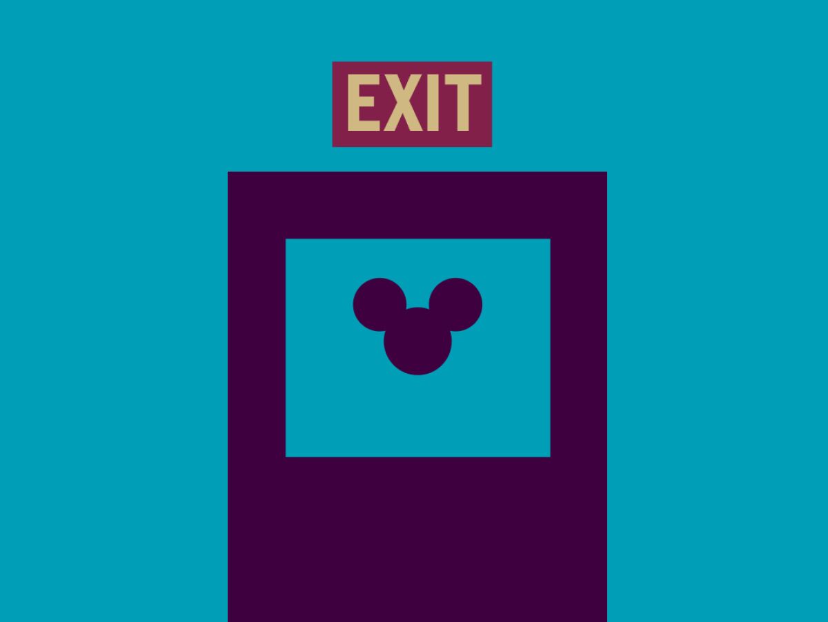 Illustration of an exit sign over a door with the mouse ears icon on it.