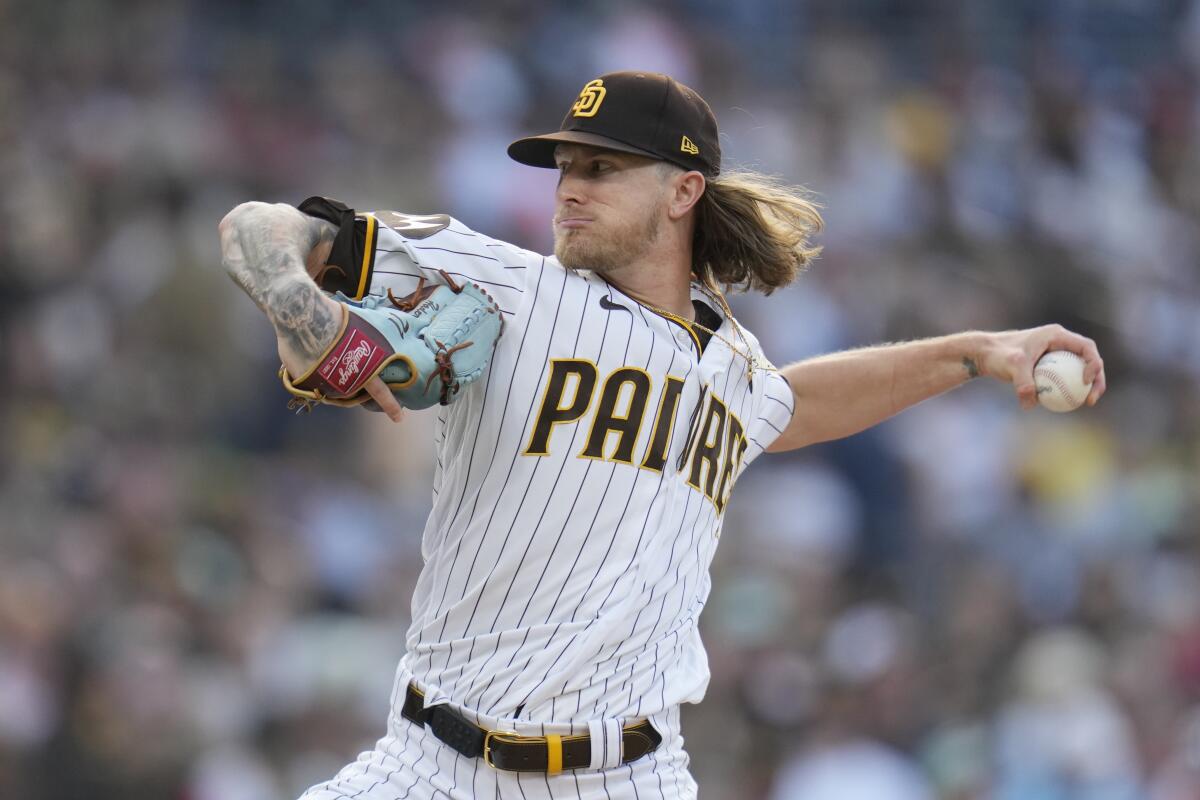 San Diego Padres relief pitcher Josh Hader works against a Tampa Bay Rays on  June 17, 2023, in San Diego.