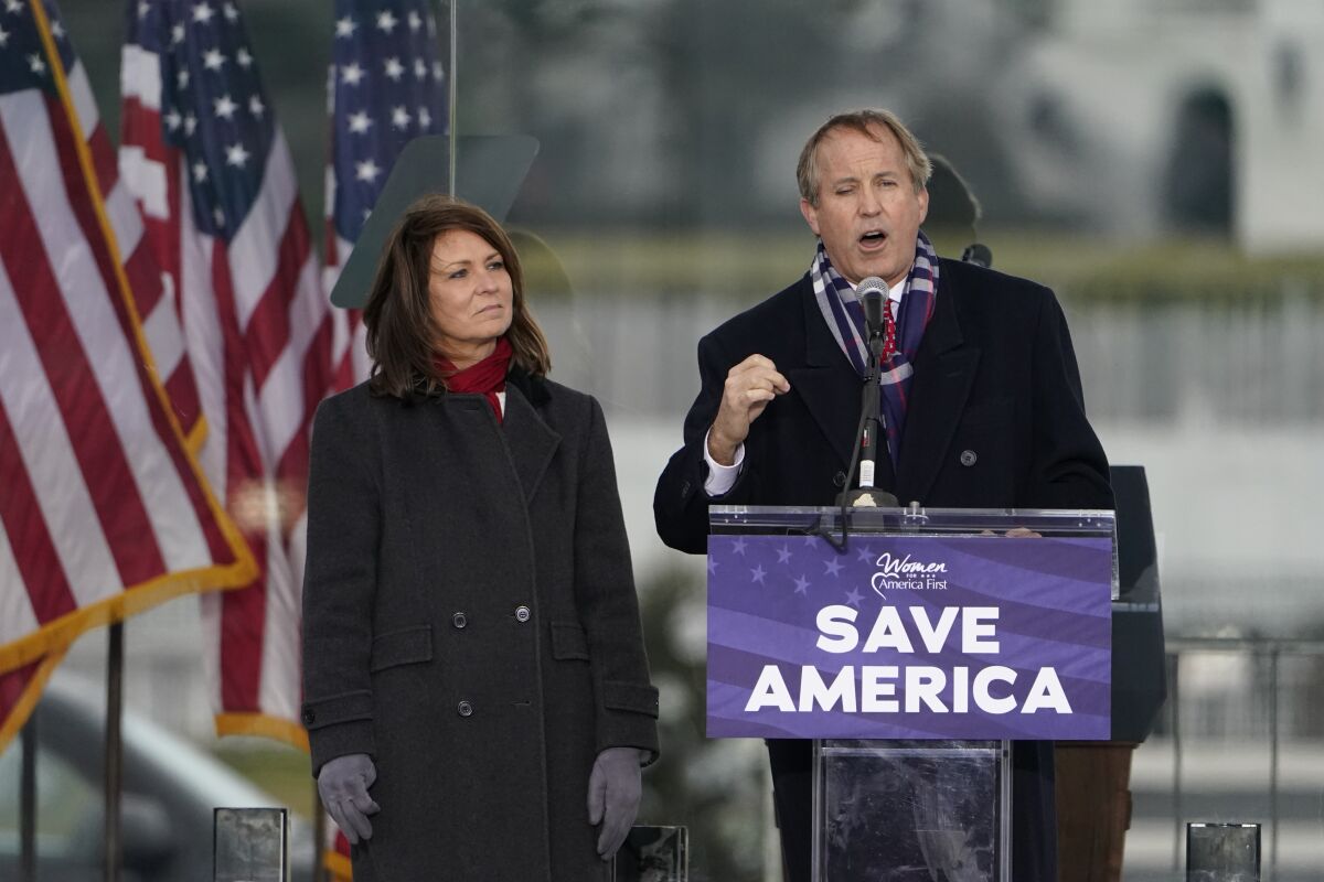 FILE - Texas Attorney General Ken Paxton speaks at a rally in support of President Donald Trump called the "Save America Rally" in Washington on Jan. 6, 2021. A district attorney says Paxton violated the state's open records laws by withholding or failing to retain his communications relating to his appearance at a pro-Trump rally that preceded the deadly riot at the U.S. Capitol last year. (AP Photo/Jacquelyn Martin, File)