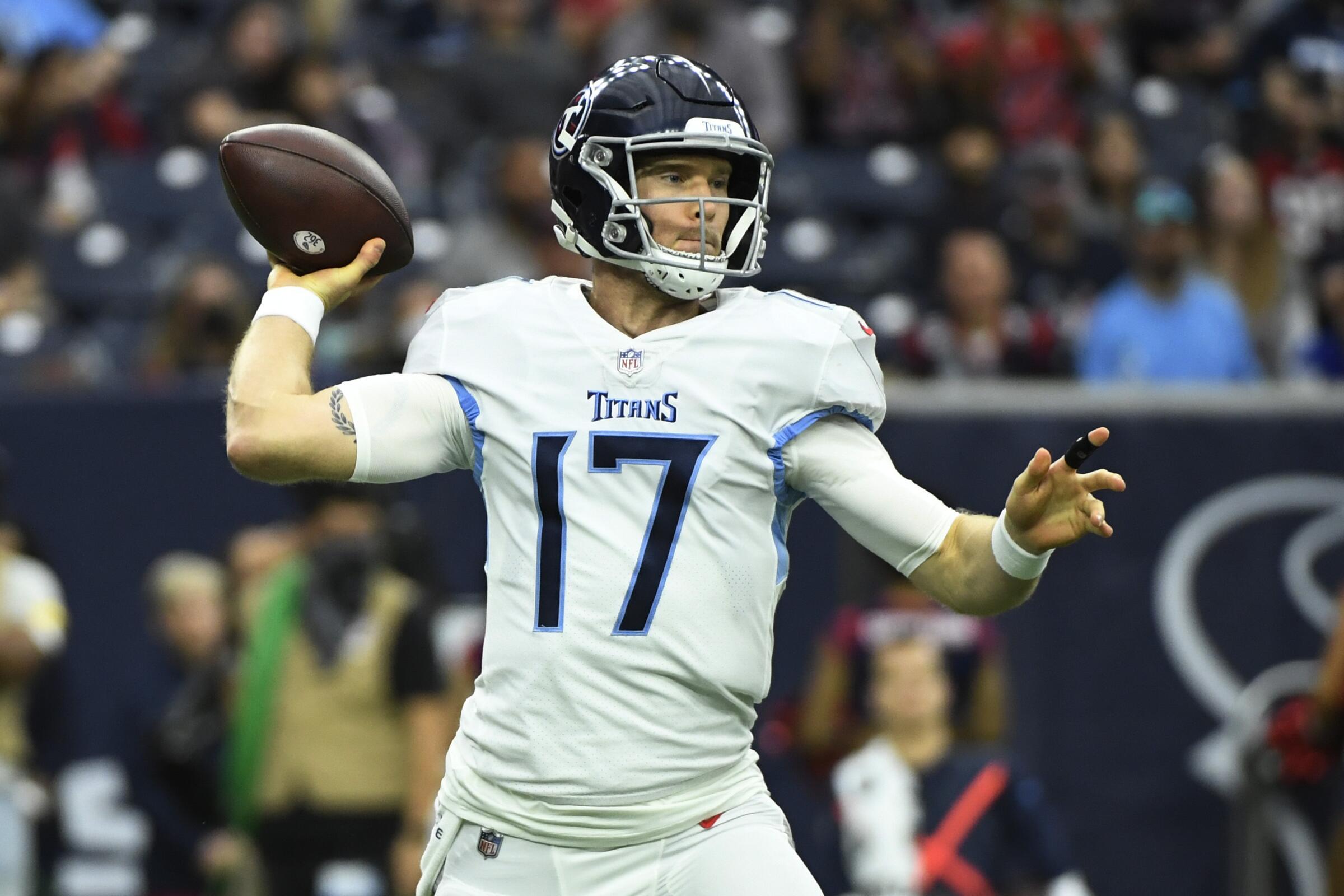 Tennessee Titans quarterback Ryan Tannehill (17) throws against the Houston Texans.