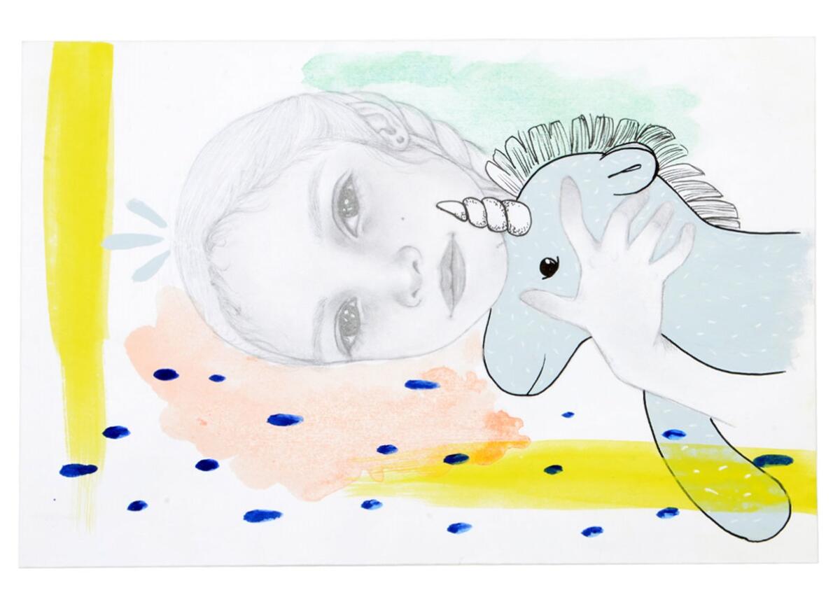 Karina Vázquez's "Esperanza, Part 2," in which a girl holds a unicorn plushie. 