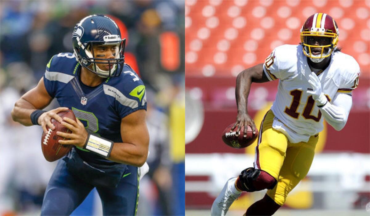 Second-year quarterbacks Russell Wilson, left, and Robert Griffin III, right, will look to take their respective teams to the playoffs.