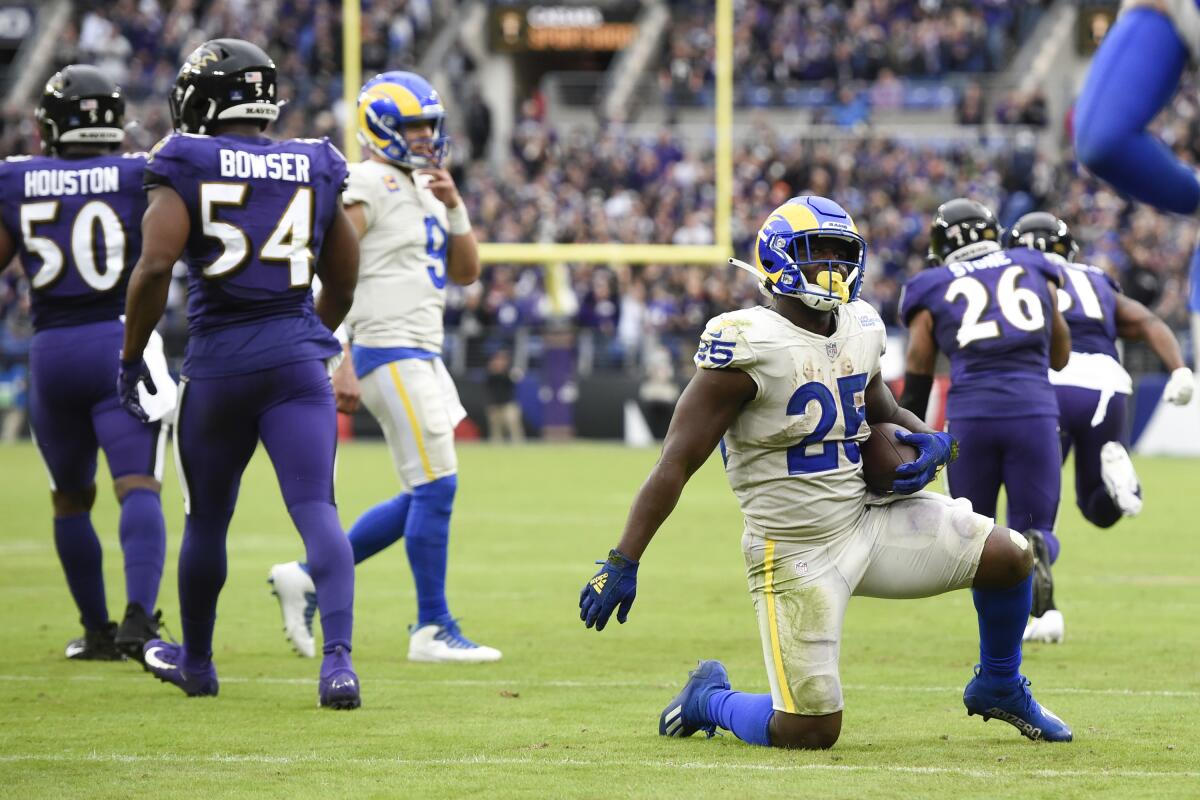 Rams running back Sony Michel gets up after he failed to score on a two point conversion play.