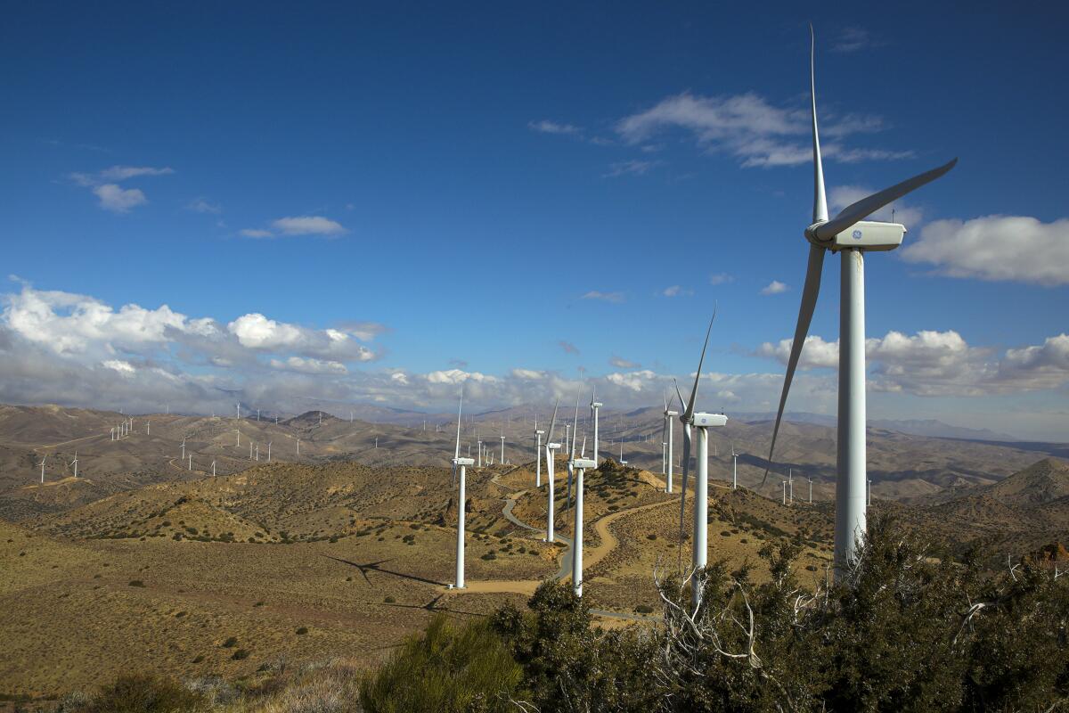 The L.A. Department of Water and Power's Pine Tree Wind and Solar Farm in the Tehachapi Mountains on March 23, 2021.