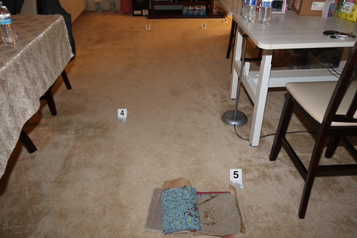 In a carpeted room, numbered tags on the floor mark pieces of evidence. 