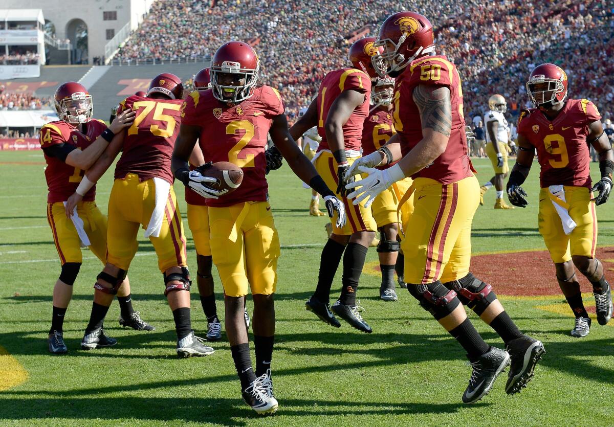 USC's Adoree' Jackson (2) celebrates his touchdown with Toa Lobendahn against Notre Dame on Nov. 29.