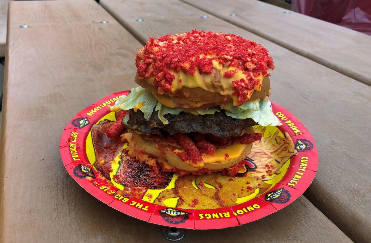 The Flamin' Hot Cheetos Cheeseburger at Biggys at the 2022 San Diego County Fair