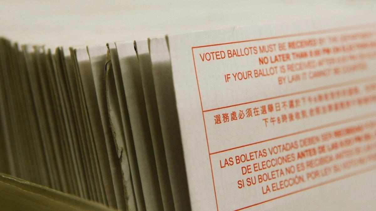 A stack of vote-by-mail ballots at the San Francisco Department of Elections in 2008. 