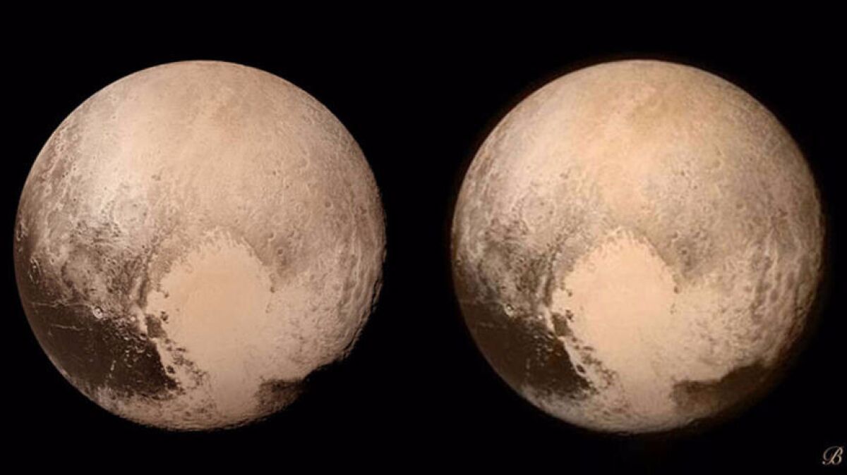 This stereo image shows the giant "heart" feature on Pluto. Scientists using data from NASA's New Horizons mission have found evidence of a subsurface ocean.