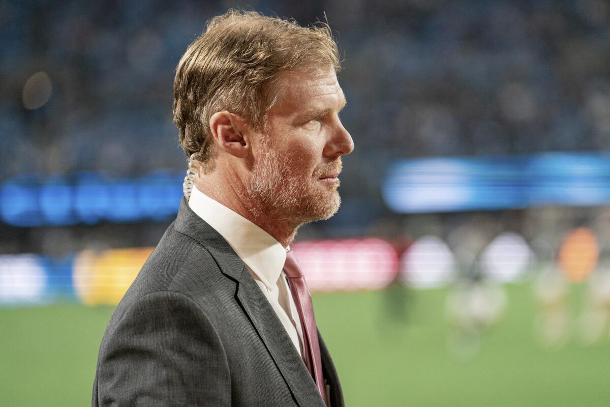 Alexi Lalas looks on before an MLS match between Charlotte FC and the Galaxy in March.