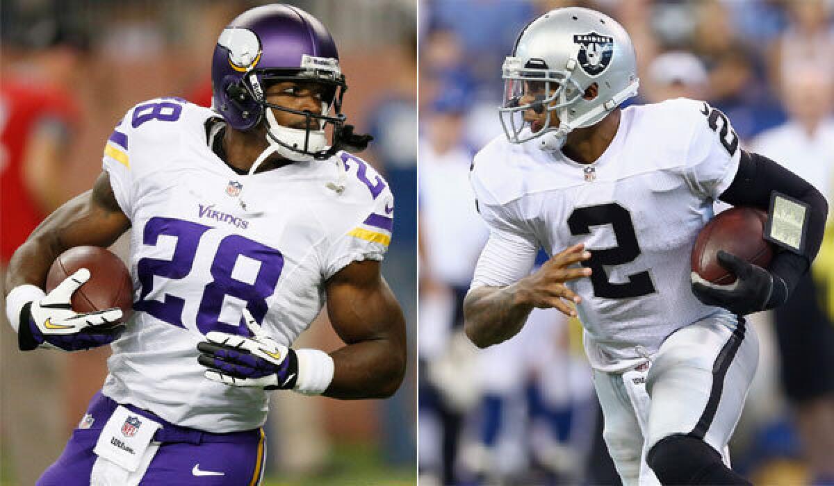 Minnesota running back Adrian Peterson, left, rushed for 93 yards on Sunday. Oakland quarterback Terrelle Pryor had 112 yards on the ground.
