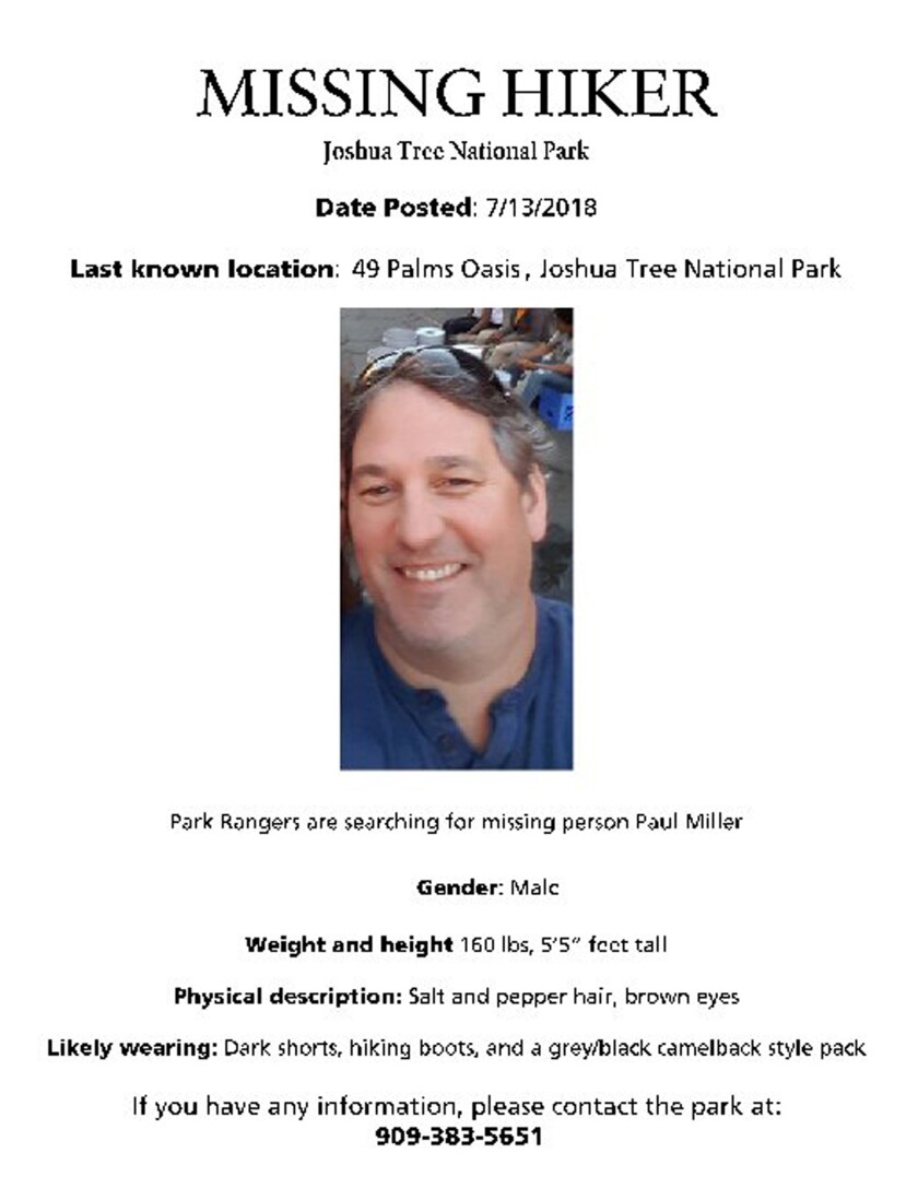 FILE - This undated image posted in July, 2018 on the Joshua Tree National Park Twitter page shows information about Paul Miller, 51, a Canadian man missing since heading out for a hike on July 13, 2018, in the Southern California desert park. Skeletal remains found in December, 2019 in Joshua Tree National Park were identified as Miller, officials said Wednesday, Jan. 15, 2020. The bones were spotted during an analysis of photos taken in a remote section of the park last summer. The remains were identified this week by the San Bernardino County Coroner's Office as Miller, the park service said on Twitter. (National Park Service via AP, File)